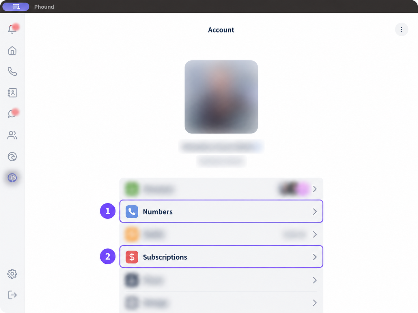 Full Account page with Numbers and Subscriptions highlighted
