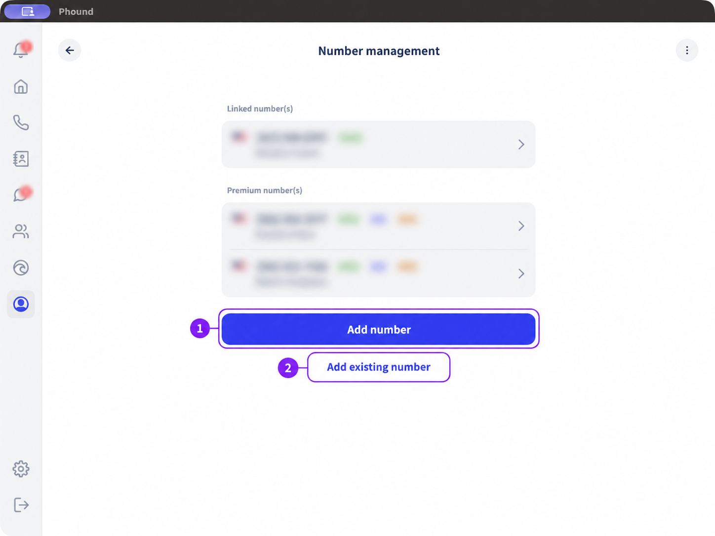 Full Number management page with Add number and Add existing number highlighted