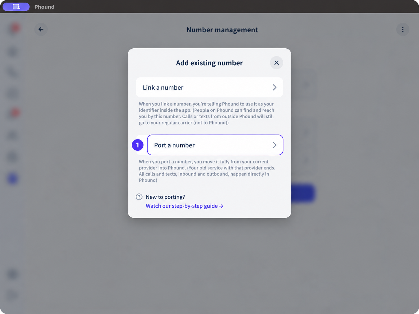 Full Add existing number dialog with Port a number highlighted