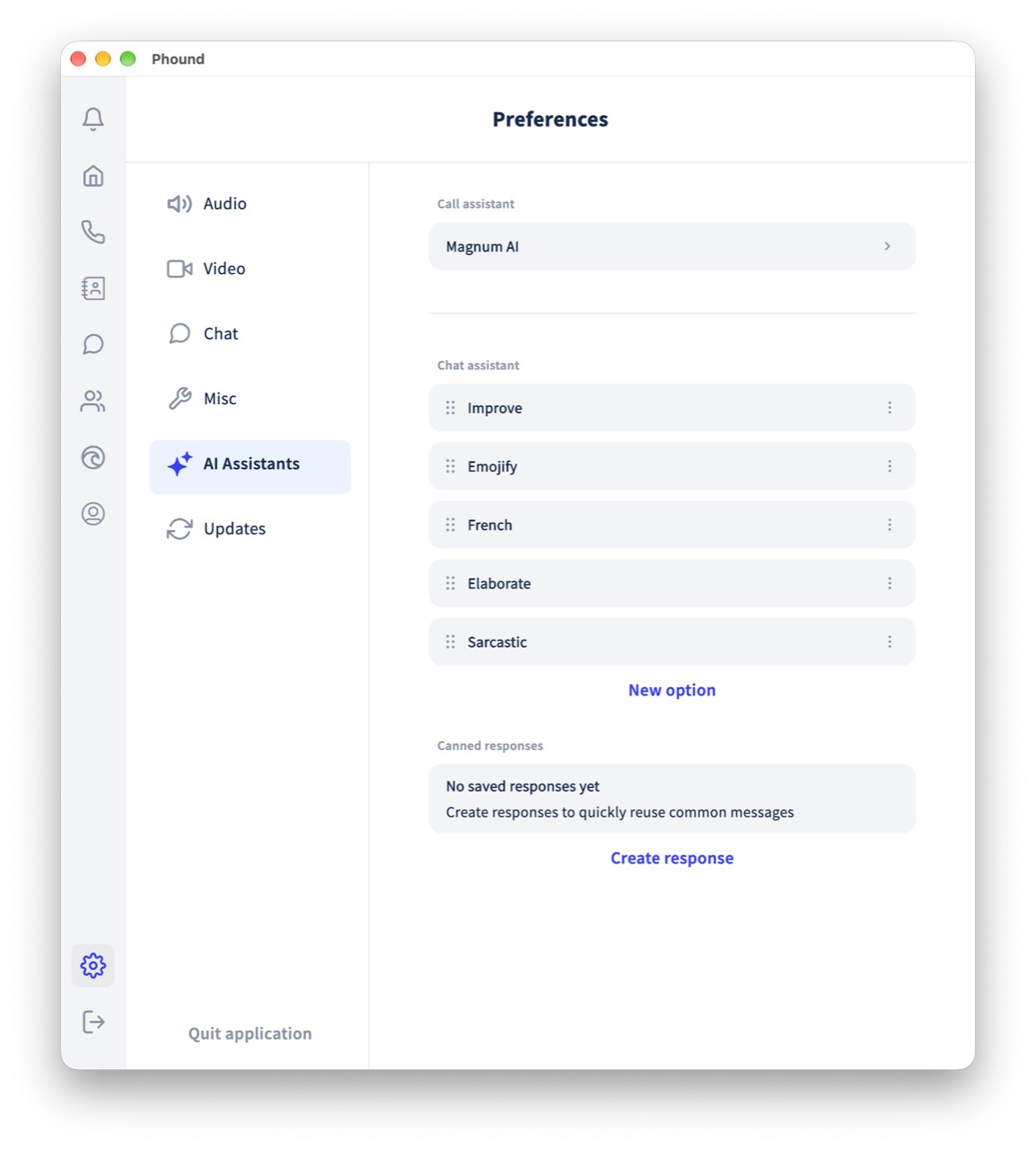 The full Phound Desktop Preferences window with Canned responses under AI Assistants