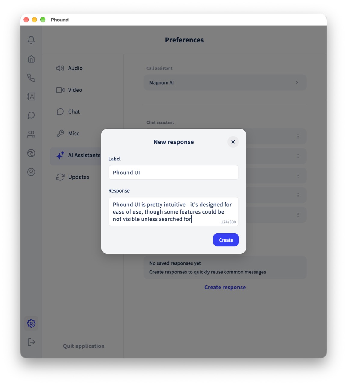 The New response form with Label, Response, and the 300-character counter