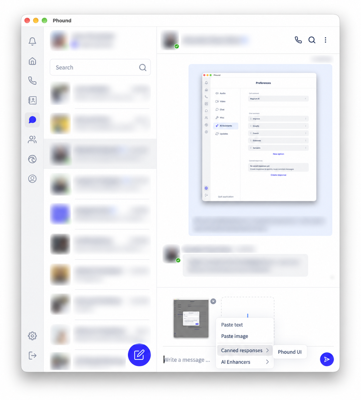 The full Phound Desktop chat window with Canned responses open from the message-field context menu