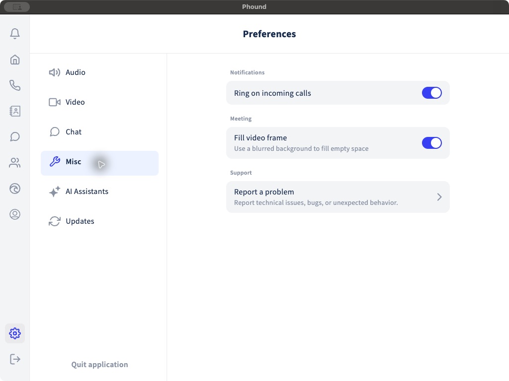 Click or tap to enlarge Incoming-call, meeting, and support controls under Misc preferences