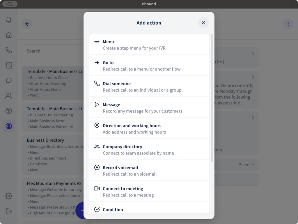 Menu is the first action in the Phound Flow action list