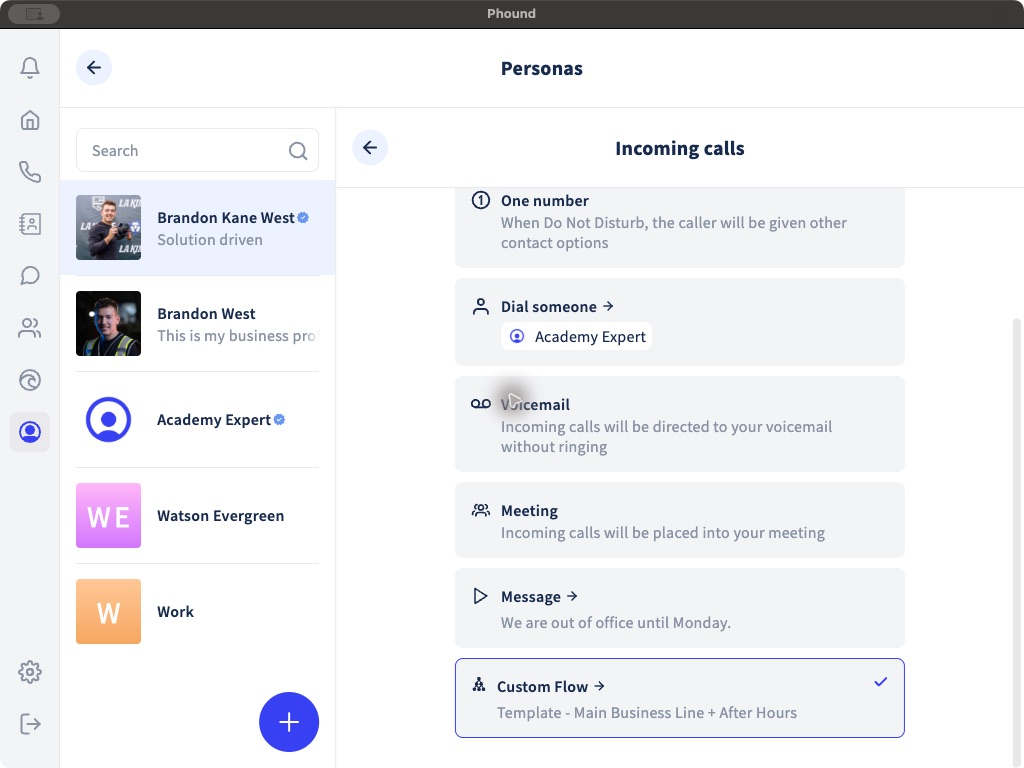 A persona using a Custom Flow for incoming calls