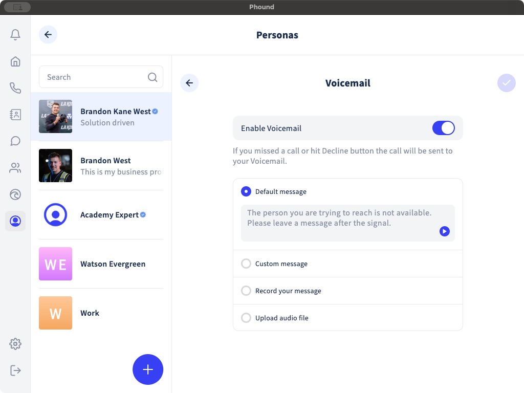 Click or tap to enlarge Persona voicemail settings in the Phound desktop app