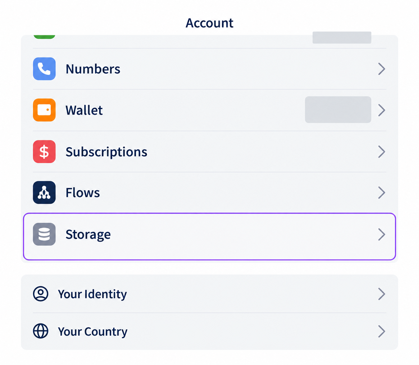 Click or tap to enlarge Edited detail of the Phound Account menu with Storage highlighted and private values obscured