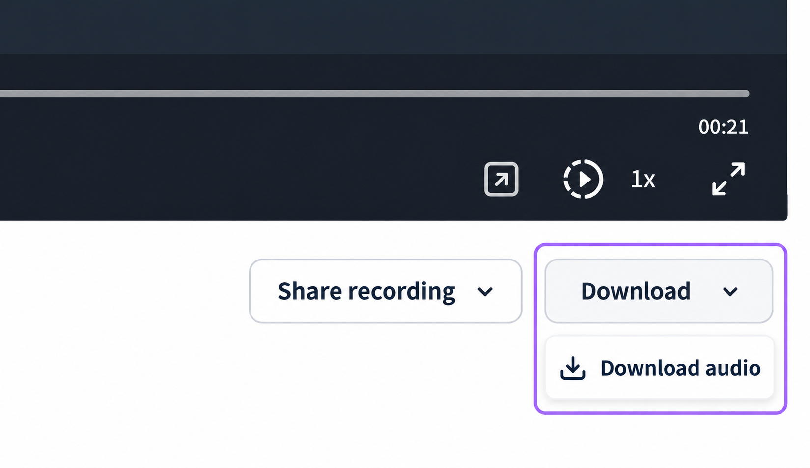 Click or tap to enlarge Edited screenshot detail of Download and Download audio beneath the recording player