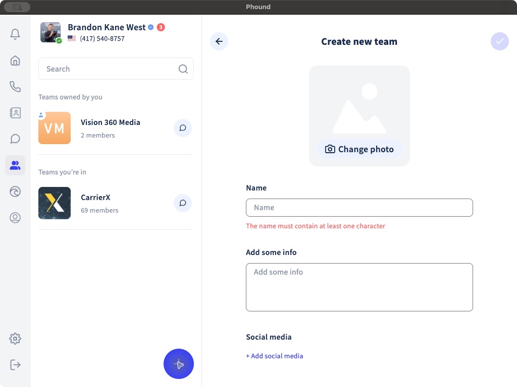Click or tap to enlarge The Create new team screen in the Phound desktop app
