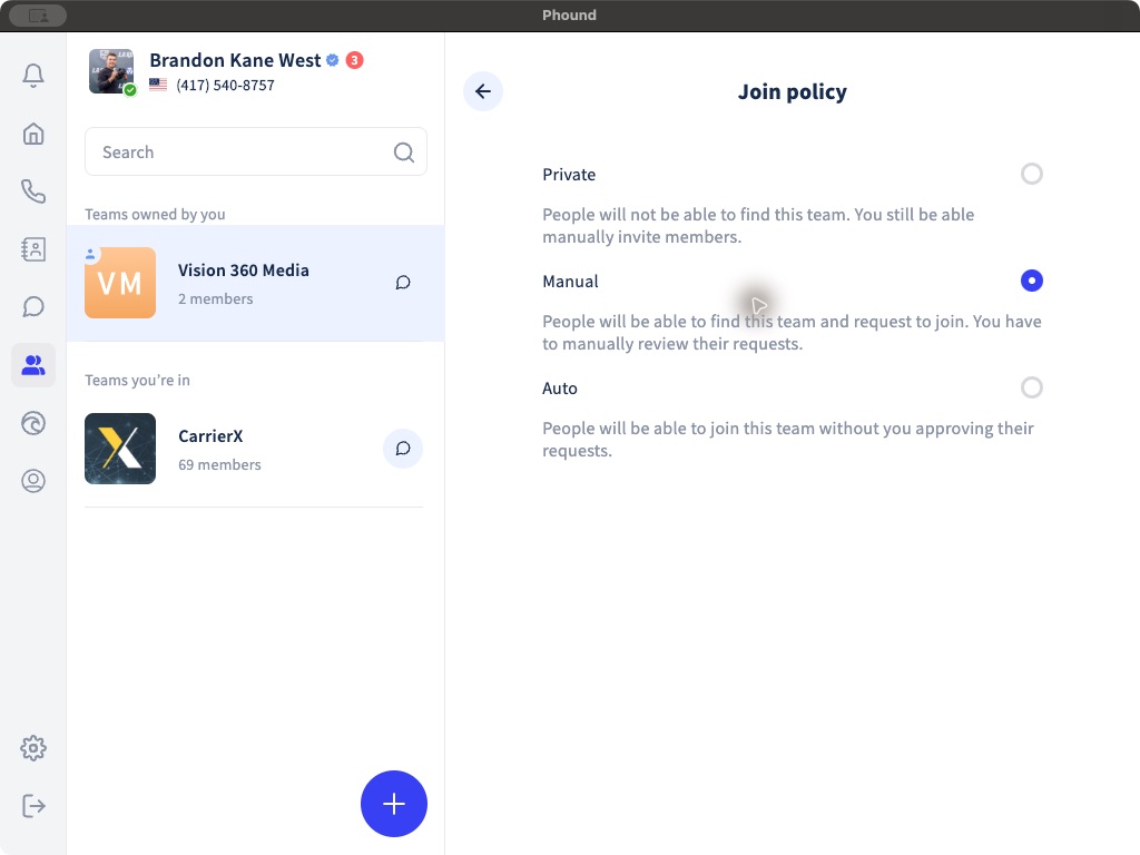 Private, Manual, and Auto team join policies in Phound