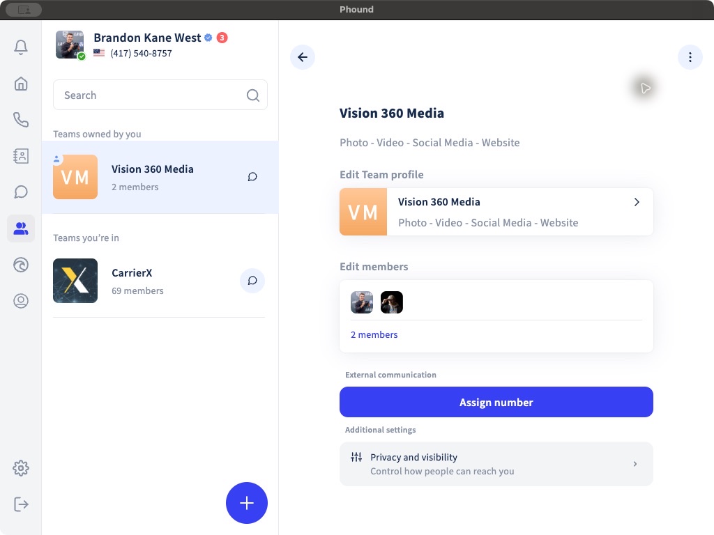 Click or tap to enlarge The Manage team screen with profile, members, number, and privacy options