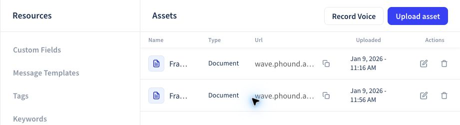 The Wave Assets library with Upload asset and Record Voice controls