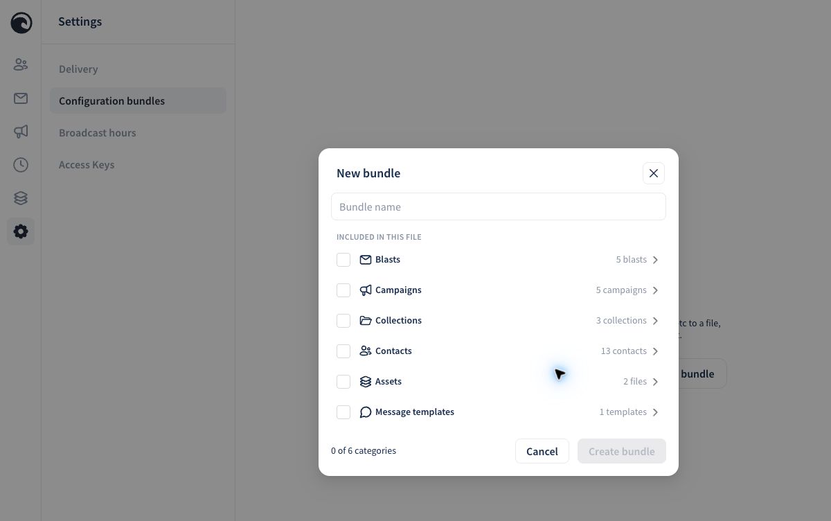 The categories available when creating a Wave configuration bundle