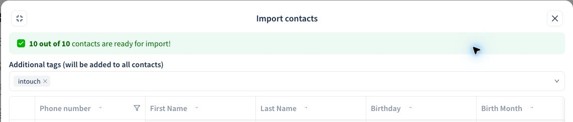 The top of the InTouch customer import review with mapping controls and an additional tag