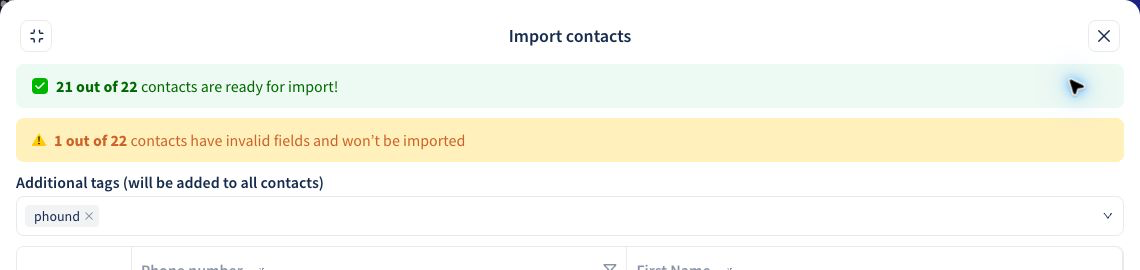 The Phound contact import review with ready and invalid record counts