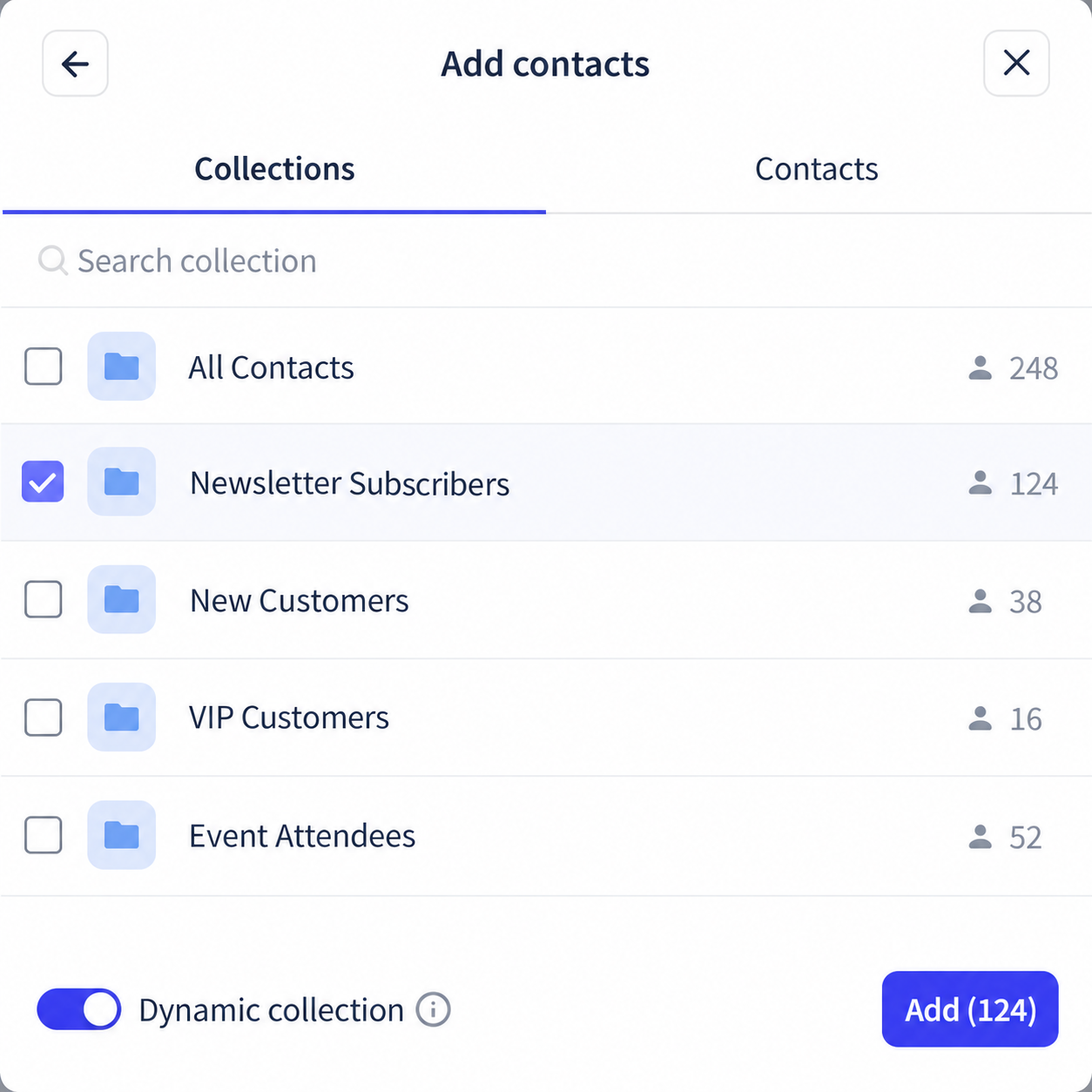 Click or tap to enlarge Illustration of Add contacts with five sample collections, Newsletter Subscribers selected, Dynamic collection enabled, and Add (124)