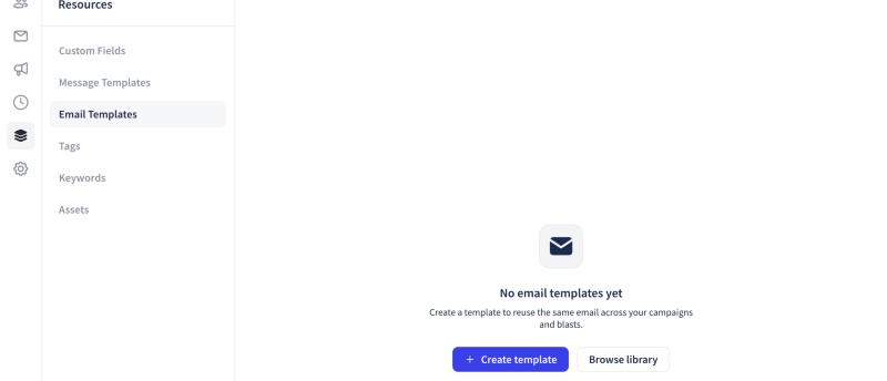 Click or tap to enlarge Wave Resources navigation with Email Templates selected and Create template and Browse library visible