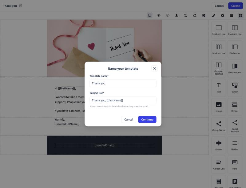 Click or tap to enlarge Name your template over the email editor, with Template name, Subject line, Cancel, and Continue
