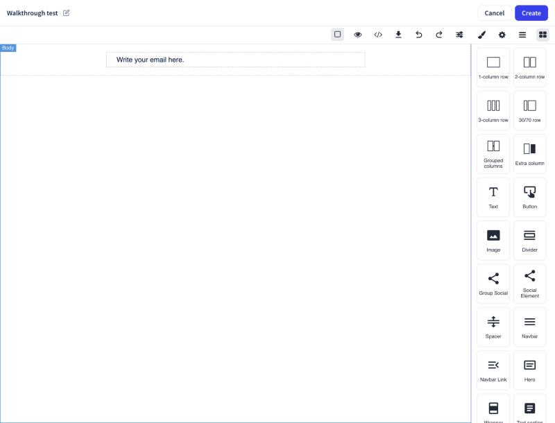 Click or tap to enlarge The complete Wave email editor with the canvas, top toolbar, Cancel and Create, and the Blocks panel on the right