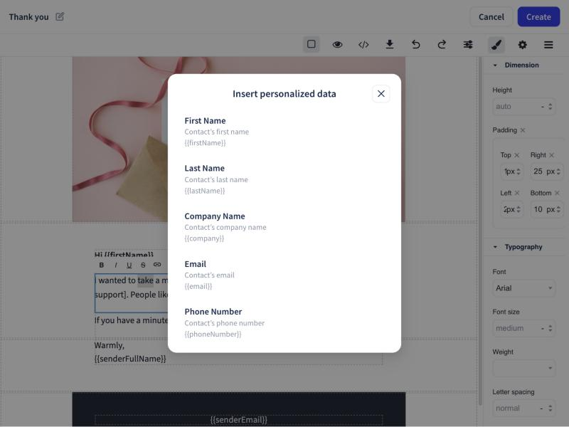 Click or tap to enlarge Insert personalized data in the email editor, showing recipient field names and their exact tags