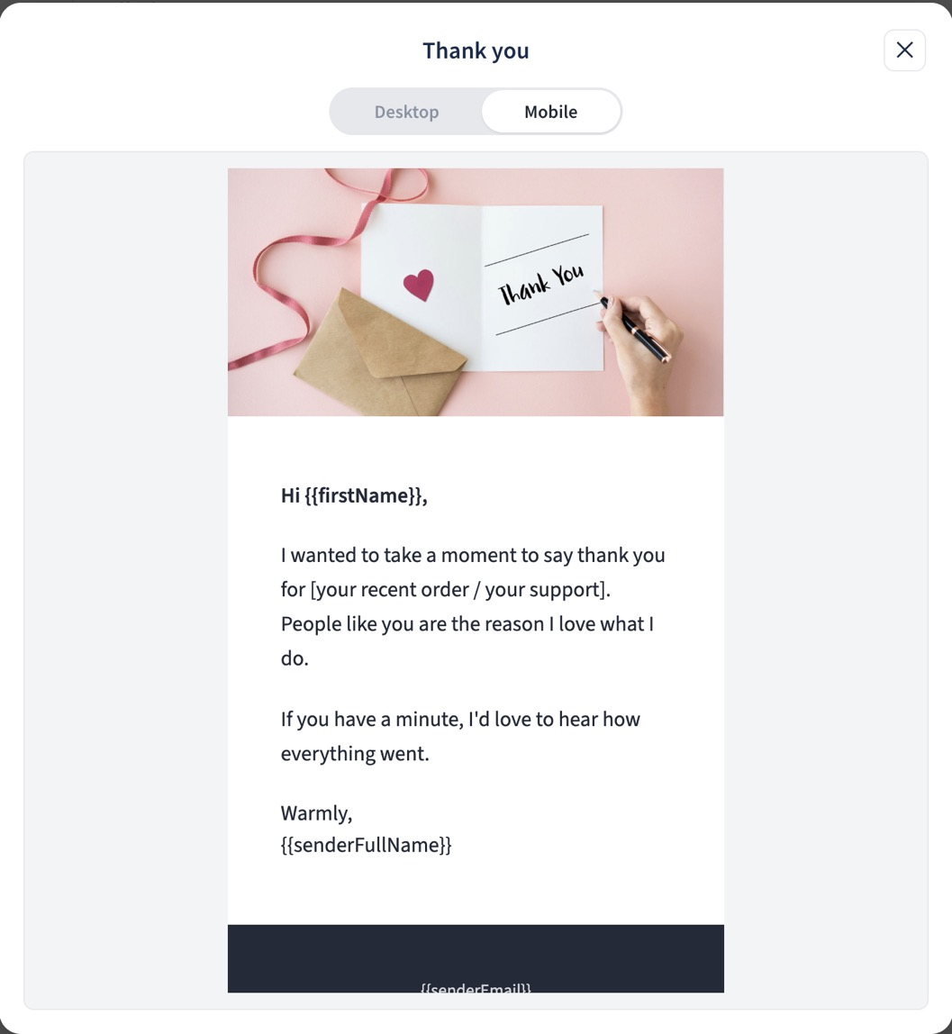 Click or tap to enlarge Thank you email preview with Mobile selected, the Desktop and Mobile toggle, and the complete greeting, message, sign-off, and footer layout