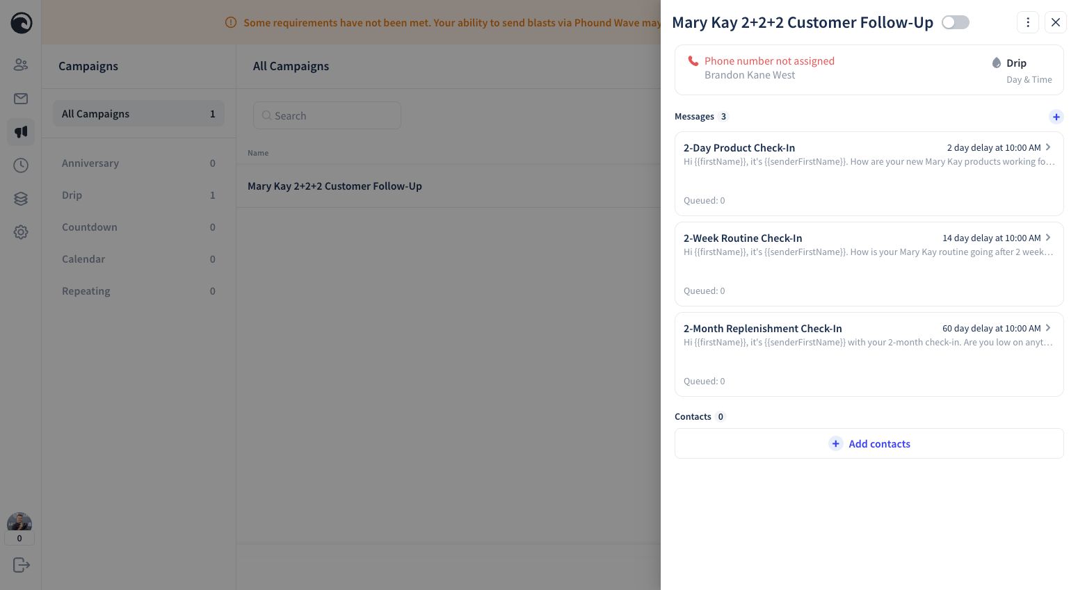 Click or tap to enlarge The imported Mary Kay 2+2+2 campaign showing three messages and their timing