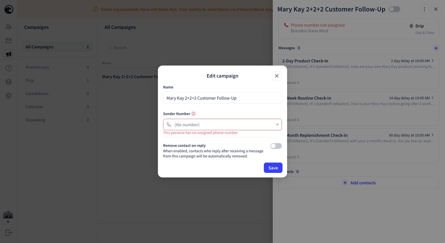 Click or tap to enlarge The campaign settings for selecting a sender and deciding whether a contact leaves the campaign after replying