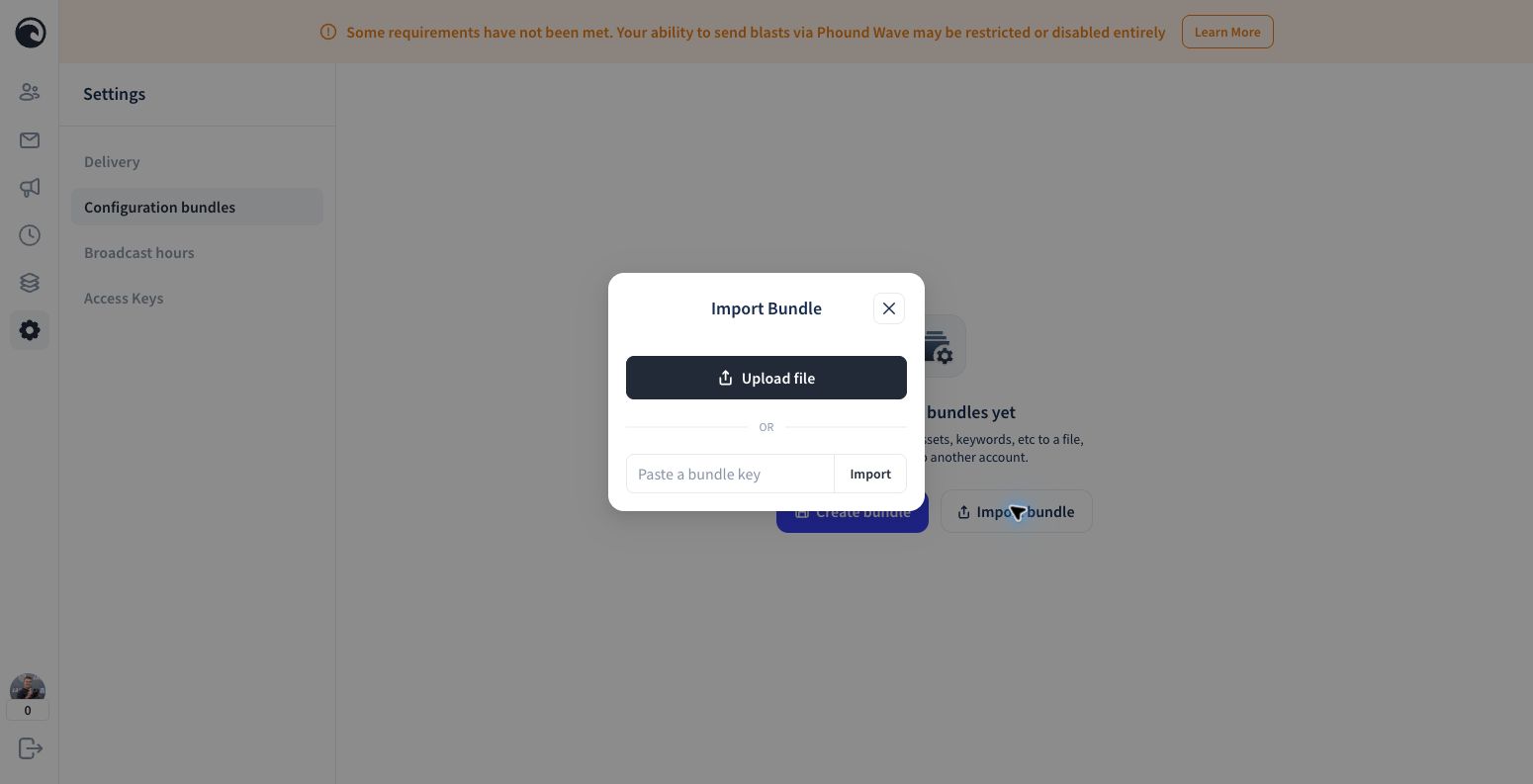 Click or tap to enlarge The Import Bundle window for entering a generated key